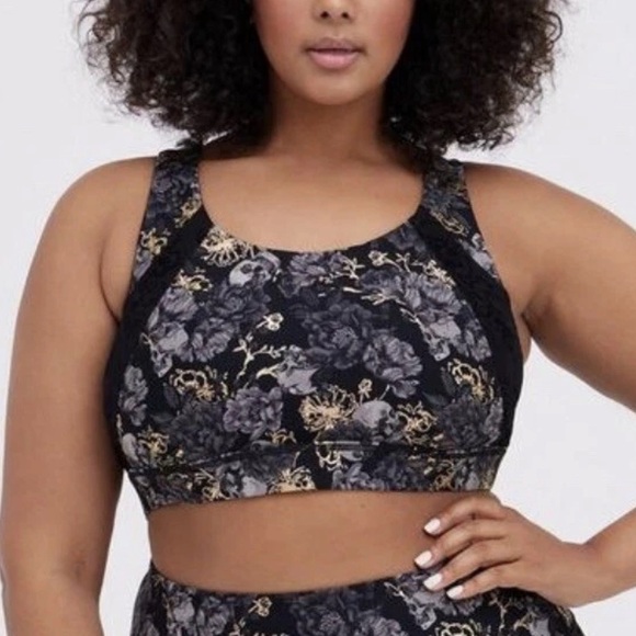 Torrid Plus Black Foil Floral Skull Print Lace Inlay Racerback Sports Bra SZ 1X - Picture 1 of 7